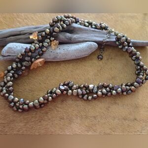 Cultured Bronze Brown Freshwater Pearl Multistrand Necklace With Lucite Flowers